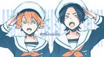  ascot black_hair child datsugoku_(vocaloid) ikuhiro_(19nnnkti16) kawasemi_(datsugoku) kuina_(datsugoku) male_focus multiple_boys open_mouth red_eyes red_hair sailor_collar sailor_shirt salute shirt star twitter_username upper_body 