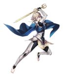  armor attack bangs barefoot black_gloves blue_cape cape collar fire_emblem fire_emblem_heroes fire_emblem_if full_body gloves highres holding holding_sword holding_weapon katana maiponpon male_focus male_my_unit_(fire_emblem_if) my_unit_(fire_emblem_if) official_art open_mouth pointy_ears red_eyes serious silver_hair solo spiked_hair sword teeth toeless_legwear transparent_background weapon 