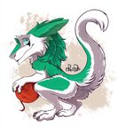  2017 ambiguous_gender anthro ball blue_eyes butt claws crouching cute english_text excidium fur green_fur green_hair hair long_hair looking_at_viewer nude raised_tail re-re sergal signature simple_background solo text toe_claws white_background white_fur yarn 
