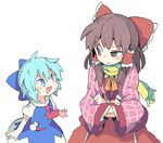  :d ascot blue_bow blue_dress blue_eyes blue_hair blush bow brown_eyes brown_hair cirno dress hair_between_eyes hair_bow hair_tubes hakurei_reimu hanten_(clothes) looking_at_another looking_up moyazou_(kitaguni_moyashi_seizoujo) multiple_girls open_mouth pink_coat puffy_short_sleeves puffy_sleeves red_bow red_neckwear red_skirt scarf short_hair short_sleeves sidelocks skirt smile snowman touhou uneven_eyes upper_body v-shaped_eyebrows white_background wide_sleeves yellow_neckwear yellow_scarf 