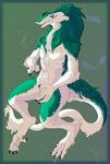  2017 anthro black_eyes blue_sclera claws excidium featureless_crotch fur green_background green_fur green_hair hair long_hair looking_at_viewer male nude rayley sergal simple_background solo tail_tuft toe_claws tuft white_fur 