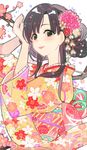  black_hair blush flower hair_flower hair_ornament highres idolmaster idolmaster_cinderella_girls idolmaster_cinderella_girls_starlight_stage japanese_clothes kimono kobayakawa_sae long_hair looking_at_viewer open_mouth solo tomato_omurice_melon yellow_kimono 