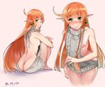  2017 ahoge ass barefoot blush breasts butt_crack collarbone cowboy_shot dated earrings elf freckles green_eyes jewelry kenshin187 knees_to_chest leaning_forward long_hair looking_back meme_attire mole mole_under_eye mole_under_mouth multiple_views nipples original pointy_ears red_hair shadow shoulder_blades simple_background sitting small_breasts smile thick_eyebrows thigh_gap virgin_killer_sweater 