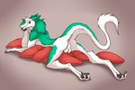  2017 anthro anus backsack balls blue_eyes butt claws excidium fur green_fur green_hair hair half-closed_eyes long_hair male nude pawpads pillow presenting presenting_hindquarters raised_tail sergal solo toe_claws white_fur zetsin 