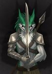  2017 anthro armor belt clothed clothing excidium fur green_eyes green_fur green_hair grey_background hair long_hair looking_at_viewer melee_weapon open_mouth pointy_ears polearm sergal shiroashi simple_background solo spear sword weapon white_fur 