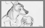  2017 anthro badger black_and_white burger chef_hat clothed clothing disney food hat male mammal mistermead monochrome mustelid pack_street solo t_rex_(weaver) zootopia 