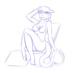  armpits breasts butt chair cleavage clothed clothing crossed_legs female hair hand_behind_head hand_on_tail humanoid line_art navel one_eye_closed open_mouth partially_clothed raised_arm short_hair simple_background sitting sketch skimpy solo swimsuit tennegrin thundragon white_background zeraphy 