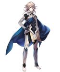 armor bangs barefoot black_gloves blue_cape cape collar fire_emblem fire_emblem_heroes fire_emblem_if full_body gloves hand_on_hip highres light_smile looking_at_viewer maiponpon male_focus male_my_unit_(fire_emblem_if) my_unit_(fire_emblem_if) official_art pointy_ears red_eyes silver_hair solo spiked_hair toeless_legwear transparent_background 