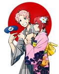  1girl aniki_(chaji1129) blue_eyes circle fan floral_print highres idolmaster idolmaster_cinderella_girls idolmaster_side-m japanese_clothes kabuto_daigo kimono looking_at_viewer murakami_tomoe obi pink_hair red_hair sash short_hair yukata 