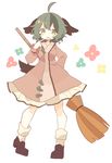  ahoge animal_ears bad_id bad_pixiv_id bamboo_broom black_footwear broom daizu_(melon-lemon) dog_ears dog_tail dress full_body green_eyes green_hair highres kasodani_kyouko long_sleeves open_mouth pink_dress shoes short_hair solo tail touhou white_background 