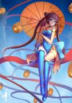  bare_shoulders blue_eyes blue_leotard brown_hair full_body highres leotard long_hair looking_at_viewer oriental_umbrella solo twintails umbrella wangchuan_de_quanyan 