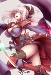  armpits ass asymmetrical_hair blue_eyes breasts cleavage detached_sleeves earrings fate/grand_order fate_(series) hair_ornament high_heels highres japanese_clothes jewelry jumping katana kimono large_breasts long_hair long_sleeves magatama miyamoto_musashi_(fate/grand_order) navel open_mouth pink_hair ponytail sheath sheathed solo sword thighhighs thighs uguisu_kagura unsheathed weapon 