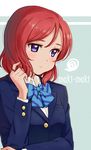  blazer blush bow hair_twirling jacket love_live! love_live!_school_idol_project nishikino_maki otonokizaka_school_uniform purple_eyes red_hair school_uniform shibasaki_shouji short_hair solo 