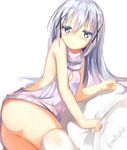  ass backless_outfit bangs bare_arms bed_sheet blue_eyes blush breasts commentary_request frown gochuumon_wa_usagi_desu_ka? hair_between_eyes hair_ornament kafuu_chino long_hair looking_at_viewer lying meme_attire na!?_(naxtuyasai) naked_sweater on_side ribbed_sweater sideboob silver_hair small_breasts solo sweater thighhighs turtleneck turtleneck_sweater twitter_username virgin_killer_sweater white_legwear x_hair_ornament 