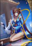  bird blue_eyes breasts brown_hair china_dress chinese_clothes cleavage detached_sleeves dress highres kneeling long_hair looking_at_viewer medium_breasts solo thighlet twintails wangchuan_de_quanyan 