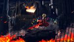  blonde_hair breathing_fire castle dragon fence fire flandre_scarlet from_behind highres ryosios short_hair smoke standing sword touhou weapon wings 