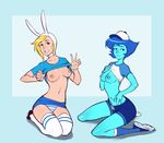  adventure_time alien bedroom_eyes blonde_hair blue_hair blue_skin breasts cartoon_network clothed clothing clothing_lift crossover duo female fionna_the_human footwear gem_(species) hair half-closed_eyes hat hood human humanoid izra lapis_lazuli_(steven_universe) legwear mammal peace_symbol seductive shirt shirt_lift shoes short_hair shorts smile socks steven_universe stockings thong unzipped_shorts 