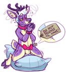  2015 anthro antlers blue_hair blush bulge cervine collar deer digital_media_(artwork) elu english_text gorehund hair horn hypnosis inflatable living_inflatable male mammal mind_control nude pillow purple_nose rubber simple_background smile solo spiral_eyes text white_background 