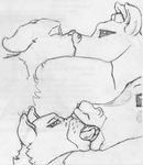  ambiguous_gender anthro bovine canine eyes_closed feline female french_kissing fur giraffe kissing looking_pleasured male male/female mammal monochrome open_mouth pencil_(artwork) simple_background tongue tongue_out traditional_media_(artwork) white_background 