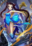  bare_shoulders black_hair blue_eyes dress harp highres instrument long_hair looking_at_viewer solo twintails wangchuan_de_quanyan 
