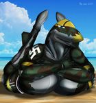  2017 aircraft anthro beach big_breasts blue_eyes breasts cloud covering crossed_arms el-loko english_text female german huge_breasts legs_up living_aircraft living_machine looking_at_viewer lying machine not_furry nude on_front open_mouth outside sand seaside signature sky solo swastika teeth text water 