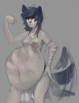  animal_humanoid bandage belly big_belly blue_hair breasts canine female flexing hair humanoid lemon-scentedbiscuit mammal navel nipples post_vore solo_focus tailwag vore wolf wolf_humanoid 