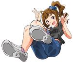  absurdres ahoge akizuki_ritchan blush breasts brown_hair double_w full_body highres idolmaster idolmaster_million_live! long_hair looking_at_viewer open_mouth purple_eyes scrunchie shoes side_ponytail small_breasts smile solo sweat transparent_background w yokoyama_nao 