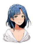  :q asterisk_(artist) blue_hair blush braid breasts cleavage collarbone idolmaster idolmaster_million_live! looking_at_viewer nanao_yuriko open_mouth portrait short_hair small_breasts smile solo tongue tongue_out white_background yellow_eyes 