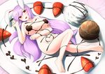  breasts chocolate covered_nipples denki_(biribiri) food food_on_body fruit full_body highres large_breasts long_hair looking_at_viewer lying nude nyotaimori on_back open_mouth purple_hair red_eyes reisen_udongein_inaba solo strawberry touhou 