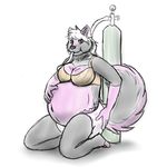  air_tank belly big_belly bra breasts canine cleavage clothed clothing diaper dog female hair hand_on_diaper hand_on_stomach husky inflation mammal navel solo tobiah tube underwear white_hair 