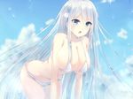  all_fours ass_visible_through_thighs bikini blue_eyes breasts cloud covered_nipples day flower hair_flower hair_ornament hanging_breasts large_breasts long_hair open_mouth original sakakidani silver_hair sky snowdrop_(flower) solo swimsuit very_long_hair water_drop white_bikini 