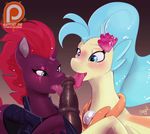  2017 animal_genitalia animal_penis blue_eyes blush broken_horn dragk duo_focus equine equine_penis feral group hair horn long_hair looking_at_penis male mammal my_little_pony oral patreon penis scar sex tongue tongue_out unicorn 