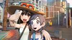  1boy 1girl 3d arm_around_neck bangs black_hair blush brown_hair building city happy hat lamppost long_hair male_protagonist_(pokemon_sm) outdoors palm_tree pokemon pokemon_(game) pokemon_sm self_shot short_hair sightseer_(pokemon) smartphone smile strapless_dress street sunglasses sunglasses_on_hat 