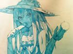  bad_id bad_pixiv_id erere food hat idolmaster idolmaster_cinderella_girls jewelry long_hair looking_at_viewer monochrome necklace popsicle shibuya_rin sketch solo sun_hat traditional_media 