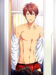  bad_id bad_pixiv_id belt boxers brand_name_imitation brown_hair bulge bunmare ensemble_stars! highres male_focus male_underwear mirror morisawa_chiaki off_shoulder open_mouth open_pants pants_down red_eyes reflection shirtless solo toned toned_male unbuckled_belt underwear 