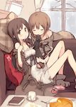  bent_over book box brown_hair camisole cat closed_eyes commentary_request couch cup food fork gift gift_box heart heart_tail highres kyuri long_hair looking_at_viewer mug multiple_girls off_shoulder on_couch original pillow plate pocky short_hair sitting sweater tail window 