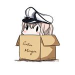  absurdres bad_id bad_pixiv_id blonde_hair blush box cardboard_box chibi dated german graf_zeppelin_(kantai_collection) hat hatsuzuki_527 highres in_box in_container kantai_collection pale_skin peaked_cap simple_background solid_oval_eyes solo translated twintails twitter_username white_background 