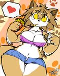  &lt;3 anthro big_breasts breasts burger canine cleavage clothed clothing dragoontequila_(artist) eating female food fox fries fur hair holding_object junk_food looking_at_viewer mammal navel pawprint short_hair shotrs slightly_chubby solo thick_thighs wide_hips yellow_eyes 