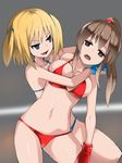  2girls asphyxiation bangs bare_shoulders bikini blonde_hair blue_bikini blue_eyes blue_gloves breasts brown_hair chokehold choking cleavage defeated drooling fang female helpless holding large_breasts long_hair multiple_girls open_mouth original pain red_bikini red_gloves ryona saliva shamanwer submission swimsuit thong thong_bikini twintails unconscious wrestling 