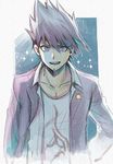  1boy coat collarbone collared_shirt danganronpa grin hair_between_eyes highres jacket_on_shoulders long_sleeves looking_at_viewer momota_kaito new_danganronpa_v3 open_mouth overcoat pants purple_eyes purple_hair purple_pants school_uniform shirt short_hair simple_background smile solo space spiked_hair teeth 