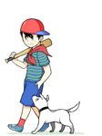  baseball_bat black_hair blue_eyes blush_stickers dog emcee hand_in_pocket male_focus mick_(mother) mother_(game) mother_1 neckerchief ninten shirt shoes shorts sideways_hat smile sneakers socks striped striped_shirt 