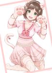  :3 :d animal_ears arms_up bangs bare_shoulders beads bob_cut bow breasts brown_hair cat_ears cat_paws cat_tail choker cleavage collarbone dress eyebrows_visible_through_hair fake_animal_ears fang flower frame frilled_dress frilled_gloves frilled_sleeves frills gloves green_eyes hair_beads hair_bow hair_ornament head_tilt highres idolmaster idolmaster_cinderella_girls idolmaster_cinderella_girls_starlight_stage jewelry kemonomimi_mode kneeling lace lace-trimmed_dress layered_dress looking_at_viewer maekawa_miku medium_breasts nishimura_(mosh!) no_shoes open_mouth over-kneehighs parted_bangs paw_gloves paw_pose paws pendant pink_bow pink_choker pink_flower pink_gloves pink_legwear pink_rose pom_pom_(clothes) pose puffy_short_sleeves puffy_sleeves raised_eyebrows red_bow rose short_hair short_sleeves simple_background smile solo striped striped_bow tail tareme thighhighs white_background 
