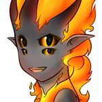  elemental female fire fire_elemental flaming_hair four_eyes fyxx grey_skin hair humanoid looking_at_viewer multi_eye open_mouth pointy_ears portrait smile solo thundragon 