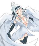  angel_(fairy_tail) black_eyes black_gloves black_legwear black_ribbon breasts collarbone dress elbow_gloves fairy_tail gloves hair_ribbon large_breasts long_hair mashima_hiro official_art outstretched_arms ribbon silver_hair simple_background smile solo thighhighs white_background white_dress white_ribbon white_wings wings 