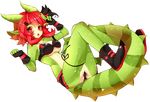  alpha_channel anthro boots bra breasts camel_toe chloe_bechstein clothed clothing dragon fingerless_gloves footwear gloves green_body green_scales hair lying on_back open_mouth panties red_eyes red_hair scales scalie skimpy thick_tail ukyo_(artist) underwear white_belly 