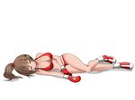  1girl beaten bikini boxing boxing_gloves breasts brown_hair cleavage defeated eyes_closed injury large_breasts open_mouth original ponytail shamanwer solo swimsuit thong unconscious underwear white_background 