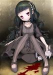  black_hair blood hardgore_alice long_hair mahou_shoujo_ikusei_keikaku mahou_shoujo_ikusei_keikaku_unmarked on_ground pink_eyes polpol sitting solo striped striped_legwear stuffed_animal stuffed_toy vertical-striped_legwear vertical_stripes 