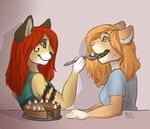 anthro cake clothed clothing duo felicia_cat feline female food fur hair mammal open_mouth sketch smile 