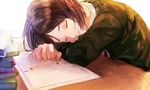  arm_pillow bob_cut book book_stack closed_eyes eyelashes fate/zero fate_(series) fingernails head_on_table highres light_smile long_sleeves male_focus rouru_chiha sleeping smile solo sweater upper_body waver_velvet 