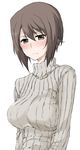  bangs blush brown_eyes brown_hair casual closed_mouth elf_(stroll_in_the_woods) embarrassed girls_und_panzer highres light_frown long_sleeves looking_at_viewer nishizumi_maho ribbed_shirt shirt short_hair simple_background solo standing turtleneck upper_body white_background white_shirt 